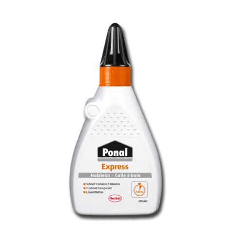 Ponal Express Holzleim in Flasche, schnell trocknend für präzise Klebearbeiten, transparent und lösungsmittelfrei.