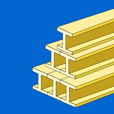 Stapel von I-Profil Stahlträgern auf blauem Hintergrund, ideal für Bau- und Konstruktionsanwendungen.