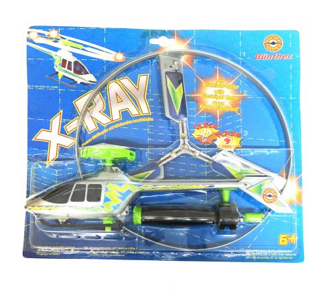 X-RAY Helikopter Spielzeug mit Blinklicht und Rotor für Kinder ab 6 Jahren, verpackt auf blauer Hintergrundkarte.