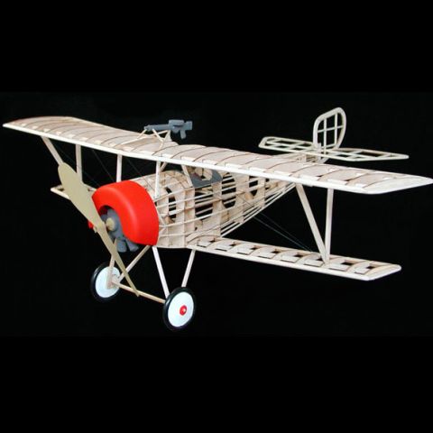 Guillows Gummimotorflugzeug Modell mit rotem Propeller und Holzstruktur, ideal für den Modellbau und Flugzeugliebhaber.